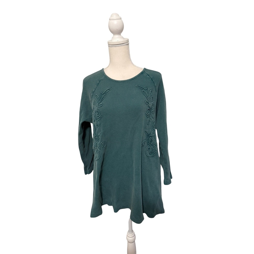 Soft Surroundings Teal Waffle Knit Cotton Embroidered Tunic Top 58408